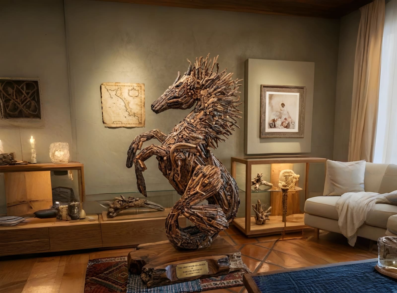 Caballo Marino en un interior, sobre una base de madera