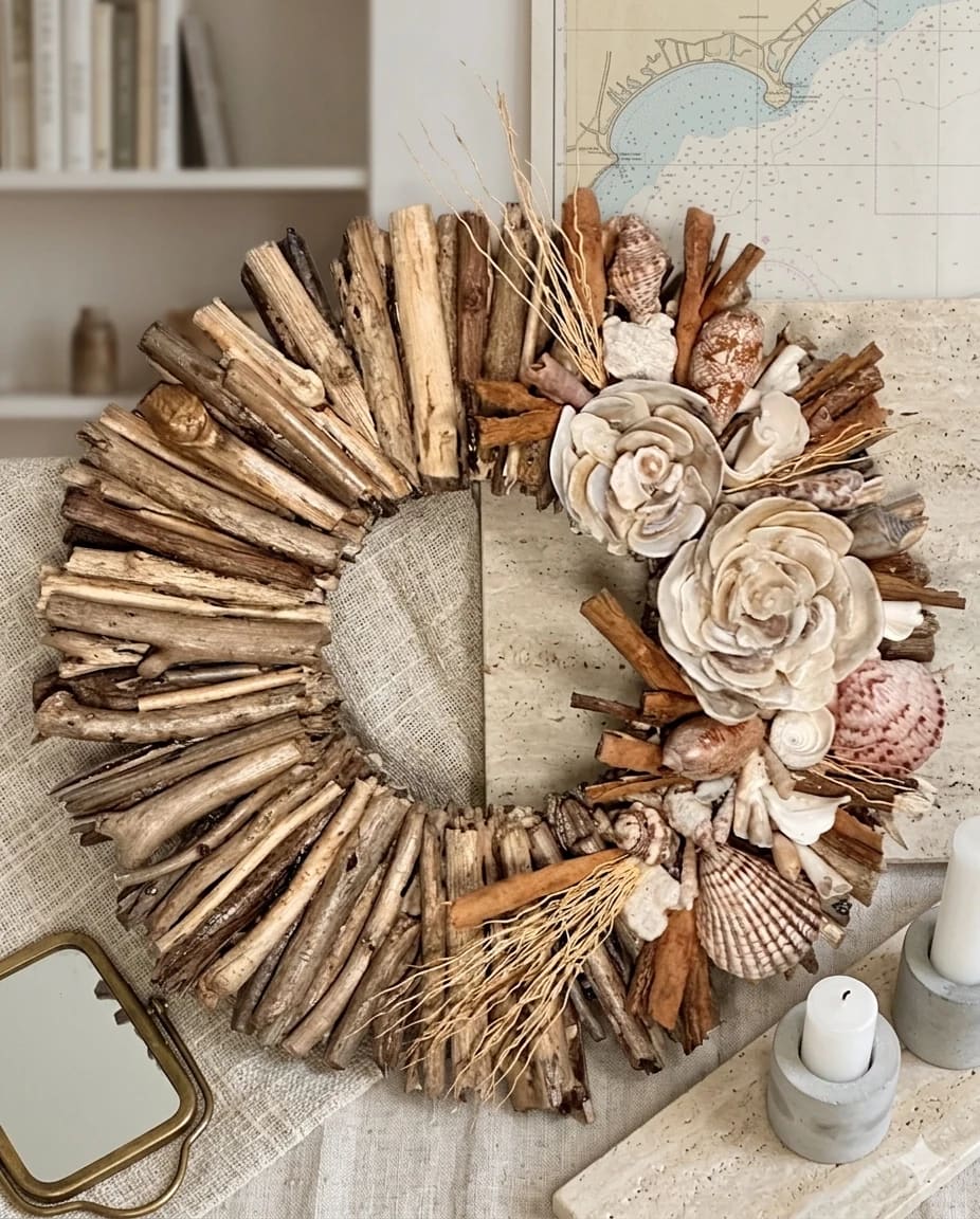 El mar en ti, corona de madera de deriva, estrellas de mar y conchas
